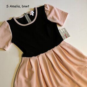 Small Lularoe Amelia dress, black bodice, pink sleeves and skirt